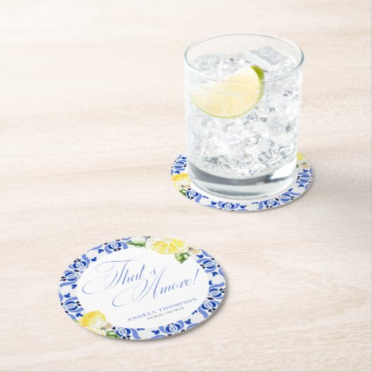 Dat is Amore Citroen Italiaanse Blauwe Tegel Bruid Ronde Kartonnen Onderzetter (Insitu)