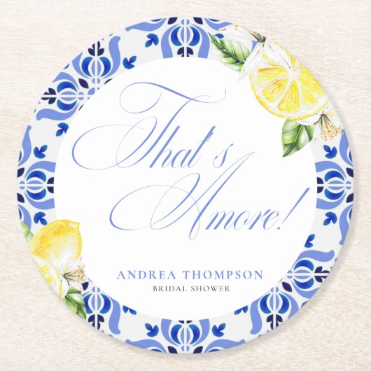 Dat is Amore Citroen Italiaanse Blauwe Tegel Bruid Ronde Kartonnen Onderzetter (Voorkant)