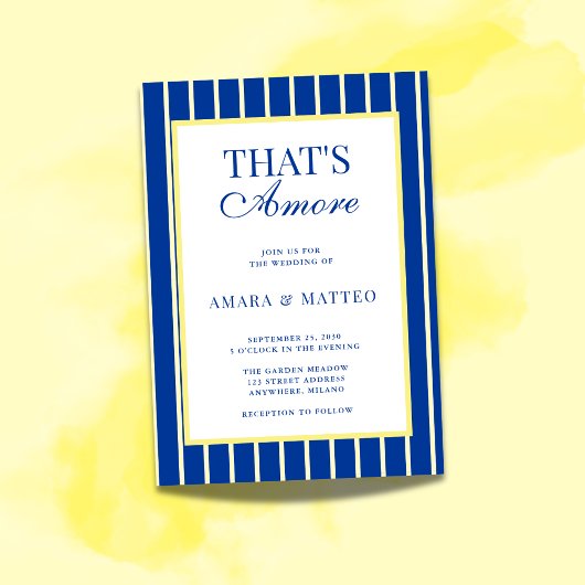 Dat is Amore Gestreept Blauw & Geel Bruiloft Kaart