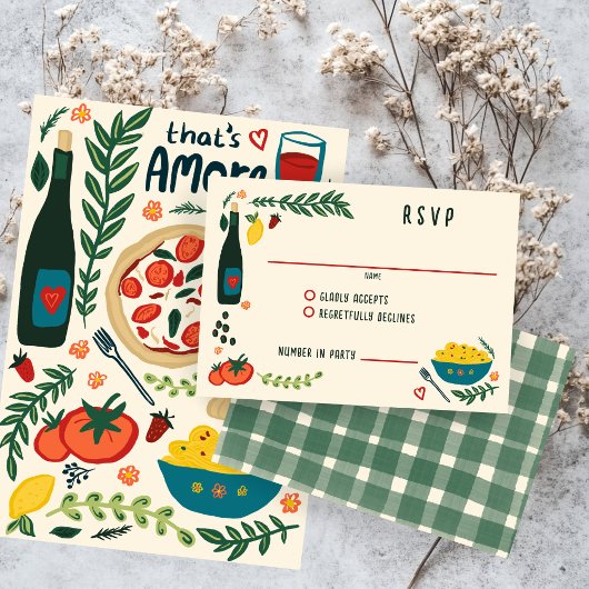 Dat is Amore Italiaans eten Aangepaste bruiloft RSVP Kaartje