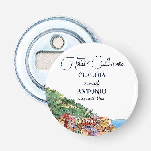 Dat is Amore Italiaanse Rivièra Trouwgunst Button Flesopener (Voorkant)