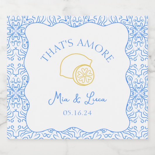 Dat is Amore Lemon Blue Tegels Amalfi Italië bruil Sparkling Wijnetiket (Enkel label)