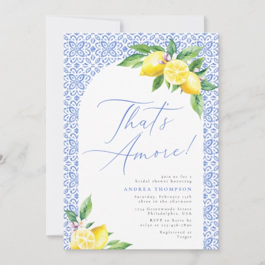 Dat is Amore Lemon Italian Blue Tegel Vrijgezellen Kaart (Voorkant)