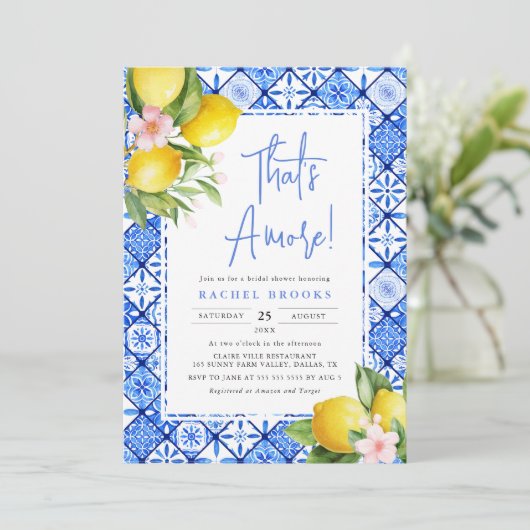 Dat is Amore Lemon Italian Blue Tegel Vrijgezellen Kaart (Staand voorkant)
