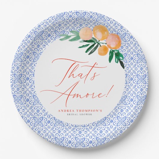 Dat is Amore Oranje Italiaans blauw Vrijgezellenfe Papieren Bordje (Voorkant)