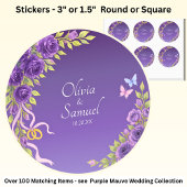 Date + Bride, Groom Names Purple Mauve Flowers Ronde Sticker