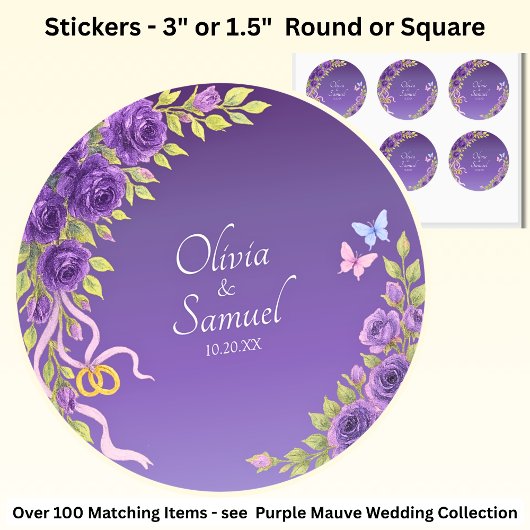 Date + Bride, Groom Names Purple Mauve Flowers Ronde Sticker