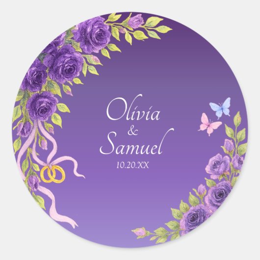Date + Bride, Groom Names Purple Mauve Flowers Ronde Sticker (Voorkant)