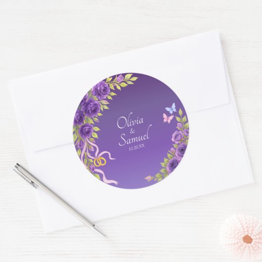 Date + Bride, Groom Names Purple Mauve Flowers Ronde Sticker (Envelop)