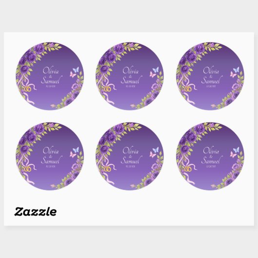 Date + Bride, Groom Names Purple Mauve Flowers Ronde Sticker (Vel)