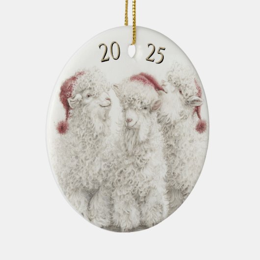 Dated Angora Goat Trio Santa Hat Christmas Keramisch Ornament (Rechts)