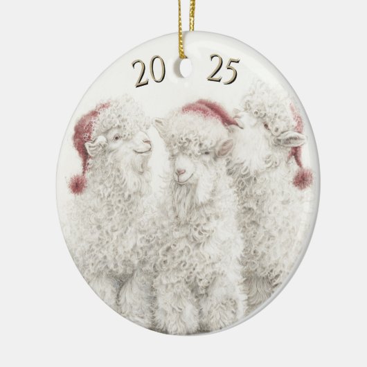 Dated Angora Goat  Trio Santa Hat Christmas Keramisch Ornament (Links)