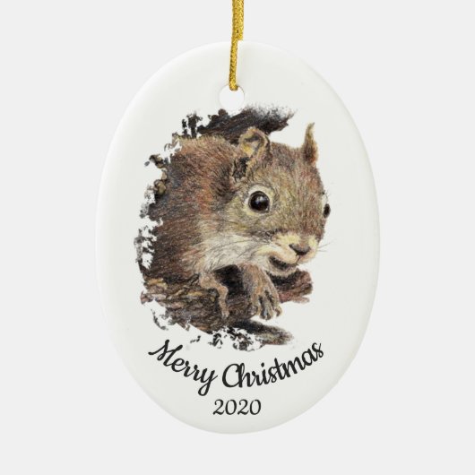 Dated Christmas Custom Waterverf Eekhoorn Dier Keramisch Ornament (Voorkant)