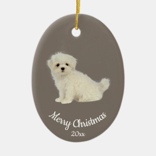 Dated Custom Photo Kerstmis Maltese Dog Pet Keramisch Ornament (Voorkant)