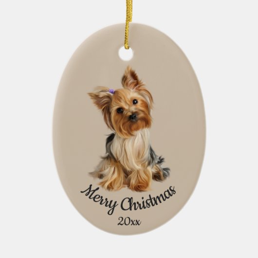 Dated Custom Photo Kerstmis Yorkie Dog pet Keramisch Ornament (Voorkant)