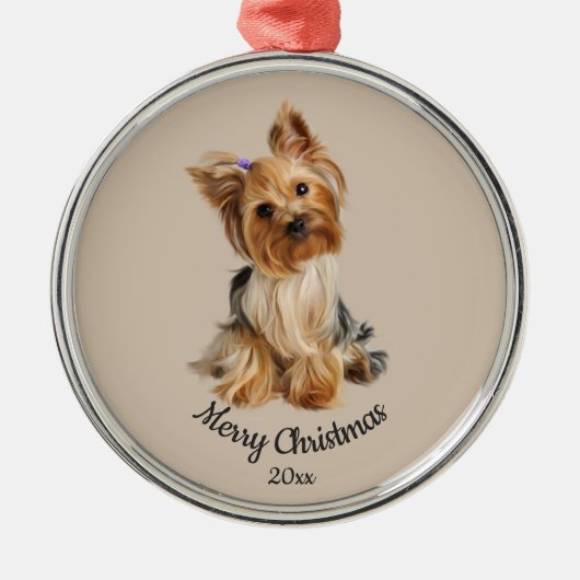 Dated Custom Photo Kerstmis Yorkie Dog pet Metalen Ornament (Voorkant)