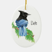 Dated, Custom, Stellar Jay, Bird, Natuur Keramisch Ornament (Voorkant)