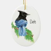 Dated, Custom, Stellar Jay, Bird, Natuur Keramisch Ornament (Achterkant)