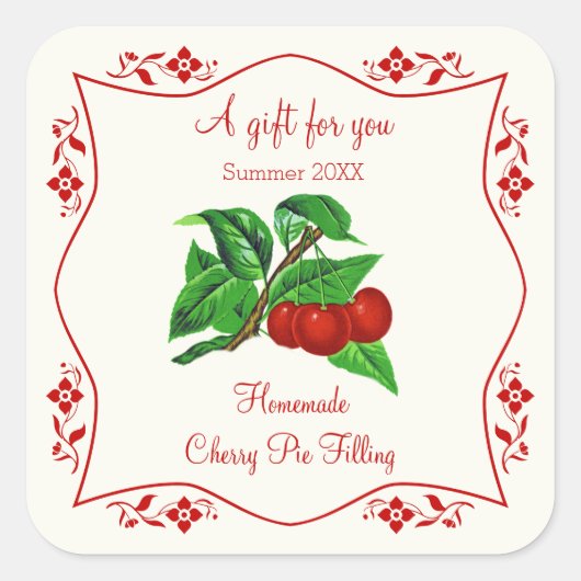 Dated Homemade Cherry Pie Filling Fancy cadeaulabe Vierkante Sticker (Voorkant)