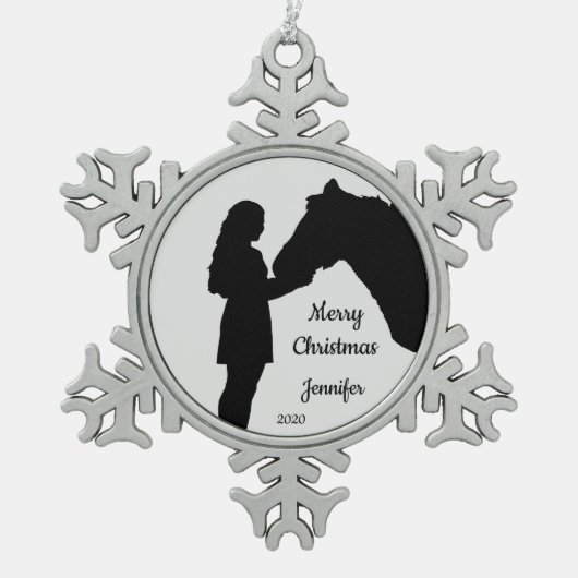 Dated Kerstmeisje en haar paardenliefde Silhouette Tin Sneeuwvlok Ornament (Voorkant)
