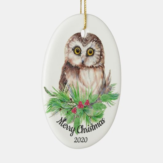 Dated Kerstmis Custom Waterverf Owl Bird Keramisch Ornament (Rechts)