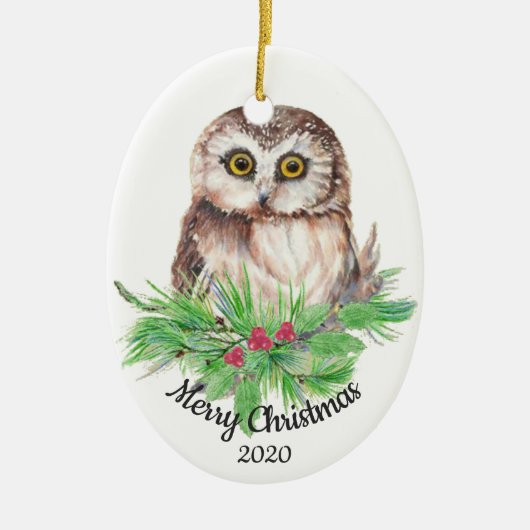 Dated Kerstmis Custom Waterverf Owl Bird Keramisch Ornament (Voorkant)