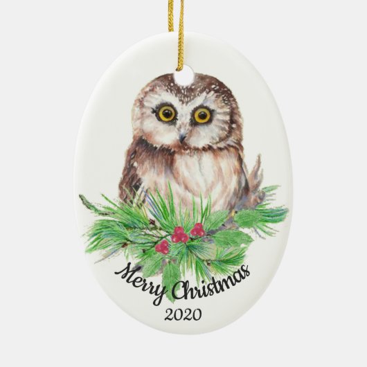 Dated Kerstmis Custom Waterverf Owl Bird Keramisch Ornament (Achterkant)