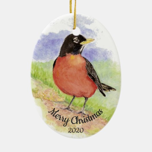 Dated Kerstmis Custom Waterverf Robin Bird Keramisch Ornament (Achterkant)