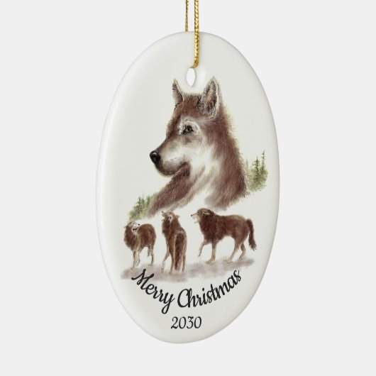 Dated Kerstmis Custom Waterverf Wolves Art Keramisch Ornament (Rechts)
