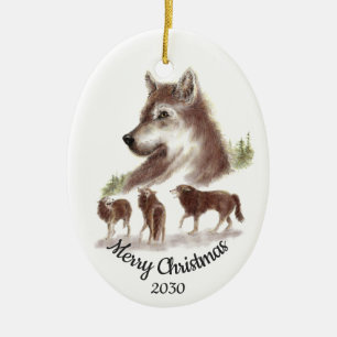 Dated Kerstmis Custom Waterverf Wolves Art Keramisch Ornament