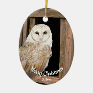Dated Kerstmis Waterverf Barn Owl Bird Keramisch Ornament