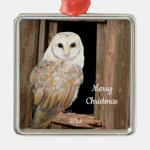 Dated Kerstmis Waterverf Barn Owl Bird Metalen Ornament