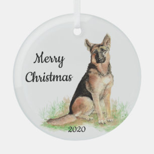 Dated Kerstmis Waterverf German Shepherd Dog Glas Ornament