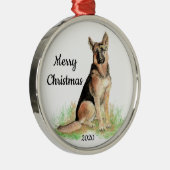 Dated Kerstmis Waterverf German Shepherd Dog Metalen Ornament (Rechts)
