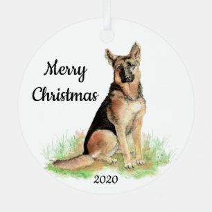 Dated Kerstmis Waterverf German Shepherd Dog Metalen Ornament