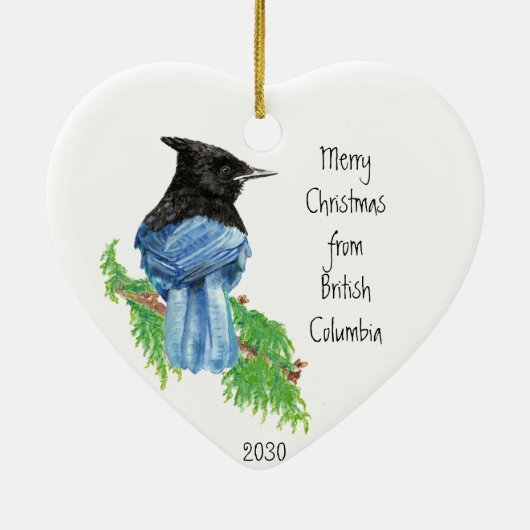 Dated Merry Kerstmis Brits Columbia Jay Bird Keramisch Ornament (Achterkant)