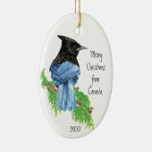 Dated Merry Kerstmis uit Canada Stellar Jay Bird Keramisch Ornament (Rechts)