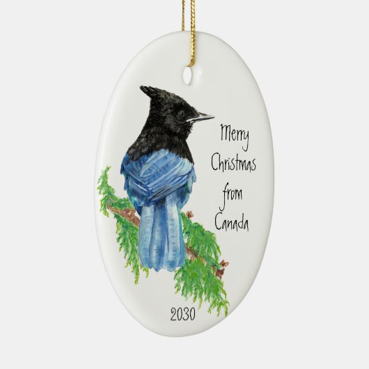 Dated Merry Kerstmis uit Canada Stellar Jay Bird Keramisch Ornament (Rechts)