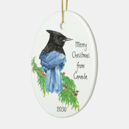 Dated Merry Kerstmis uit Canada Stellar Jay Bird Keramisch Ornament (Links)