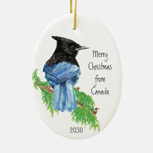 Dated Merry Kerstmis uit Canada Stellar Jay Bird Keramisch Ornament (Achterkant)