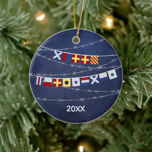 Dated Nautical Merry Kerstmis Signal Flag Keramisch Ornament (Boom)