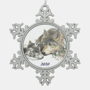 Dated Parent Moeder of Vader Wolf met Cubaanse kun Tin Sneeuwvlok Ornament