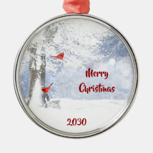 Dated Red Kardinaal Birds Kerstsneeuwbomen Metalen Ornament