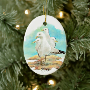 Dated, Waterverf Seagull, Beach, Shore, Bird Cera Keramisch Ornament