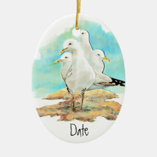 Dated, Waterverf Seagull, Beach, Shore, Bird Keramisch Ornament