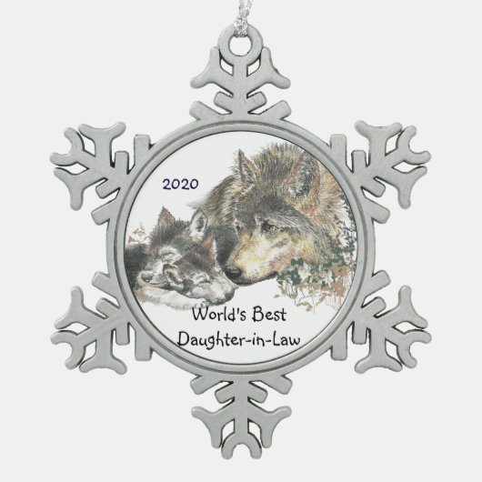 Dated World's Best Daughter-in-Law Wolf Cubs Art Tin Sneeuwvlok Ornament (Voorkant)