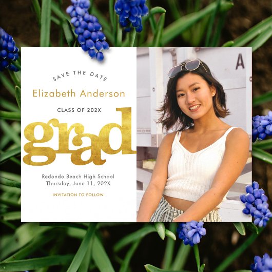 Datum afstuderen foto gouden typografie wit uitnodiging briefkaart