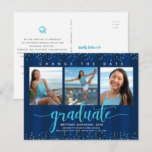 Datum afstuderen foto turquoise script navy wijzig uitnodiging briefkaart