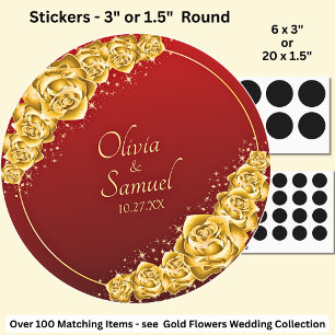 Datum + Bruid Bruidegom Namen, Goud Bloemen Maroon Ronde Sticker