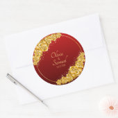 Datum + Bruid Bruidegom Namen, Gouden Bloemen Donk Ronde Sticker (Envelop)